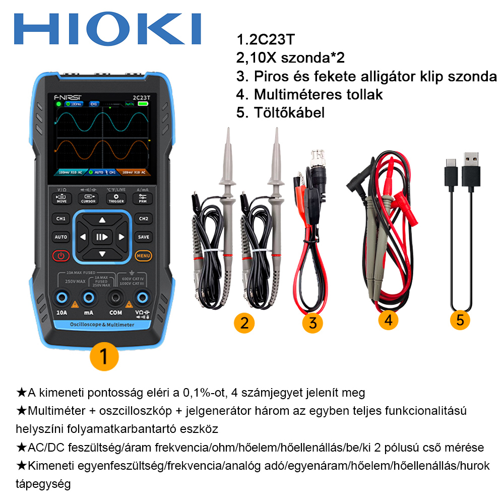 2C24T-Kimeneti pontosság eléri a 0,1%-ot, kijelző 4 számjegy/multiméter + oszcilloszkóp + jelgenerátor három az egyben