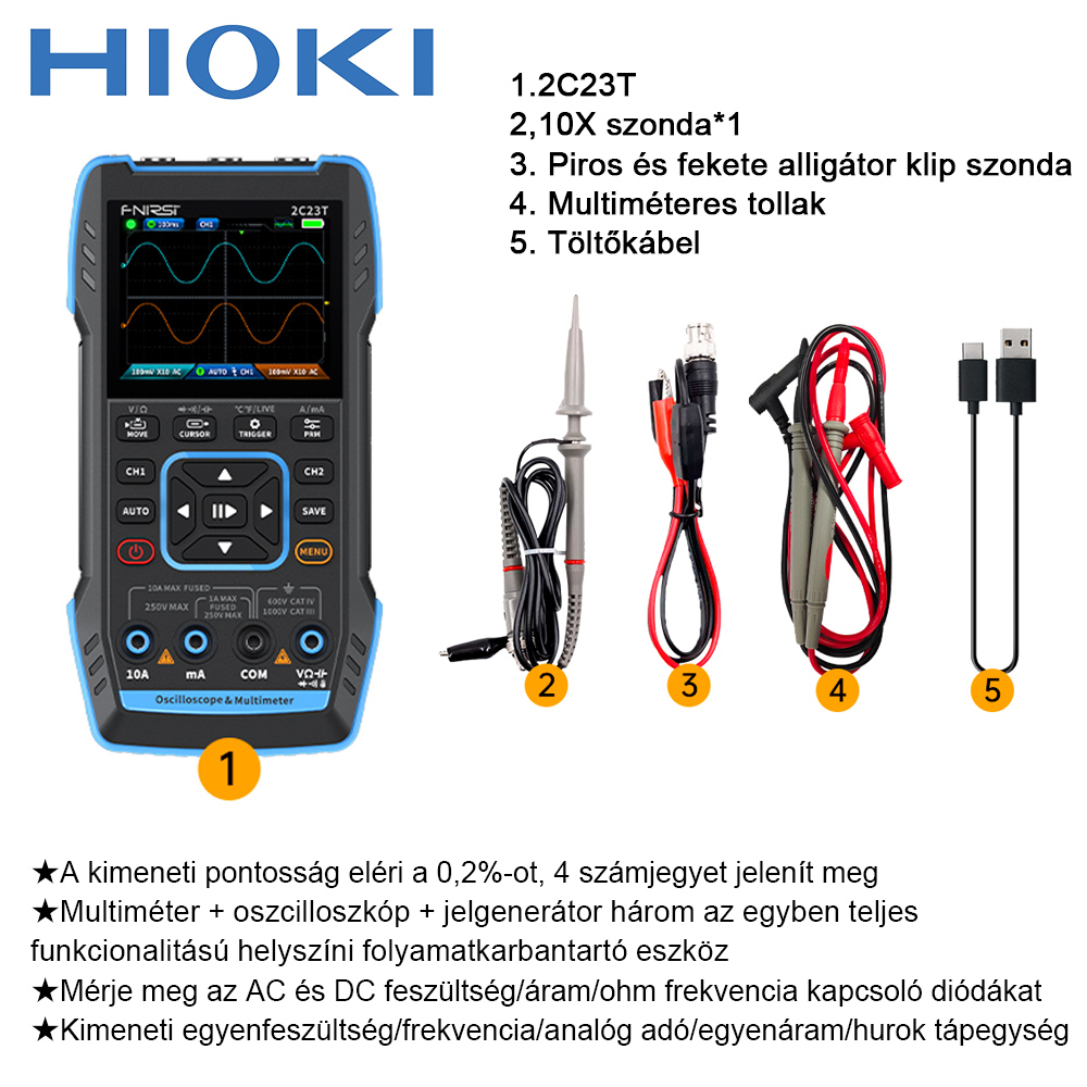 2C23T-Kimeneti pontosság eléri a 0,2%-ot, kijelző 4 számjegy/multiméter + oszcilloszkóp + jelgenerátor három az egyben